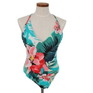 KONA SOL Women's Large Floral One Piece Swimsuit Blue‎ Pink Pre-Owned